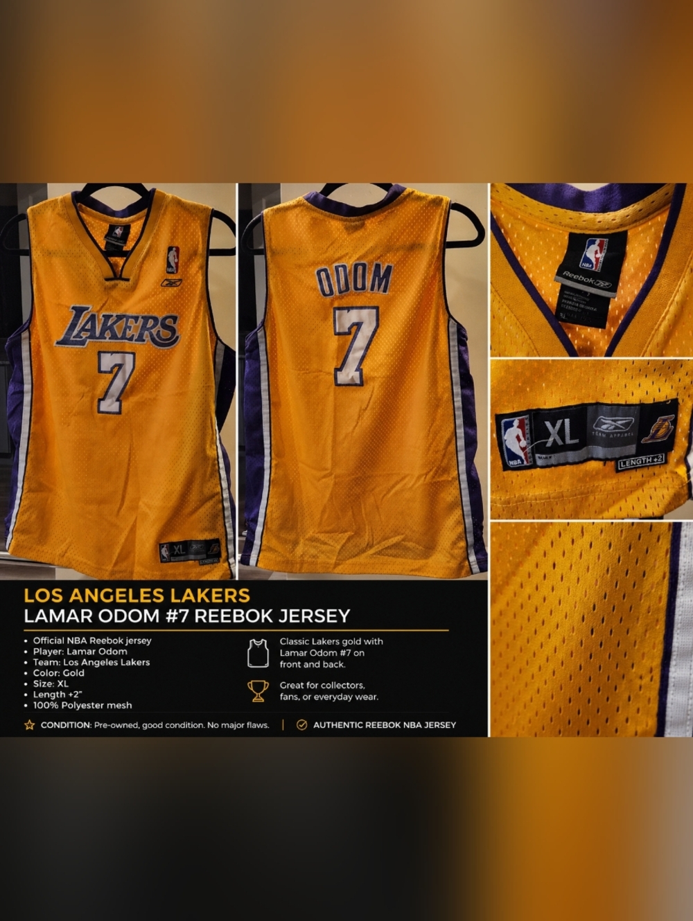 Lakers Lamar Odom #7 Reebok Jersey XL 🏀 NBA Gold Authentic Style